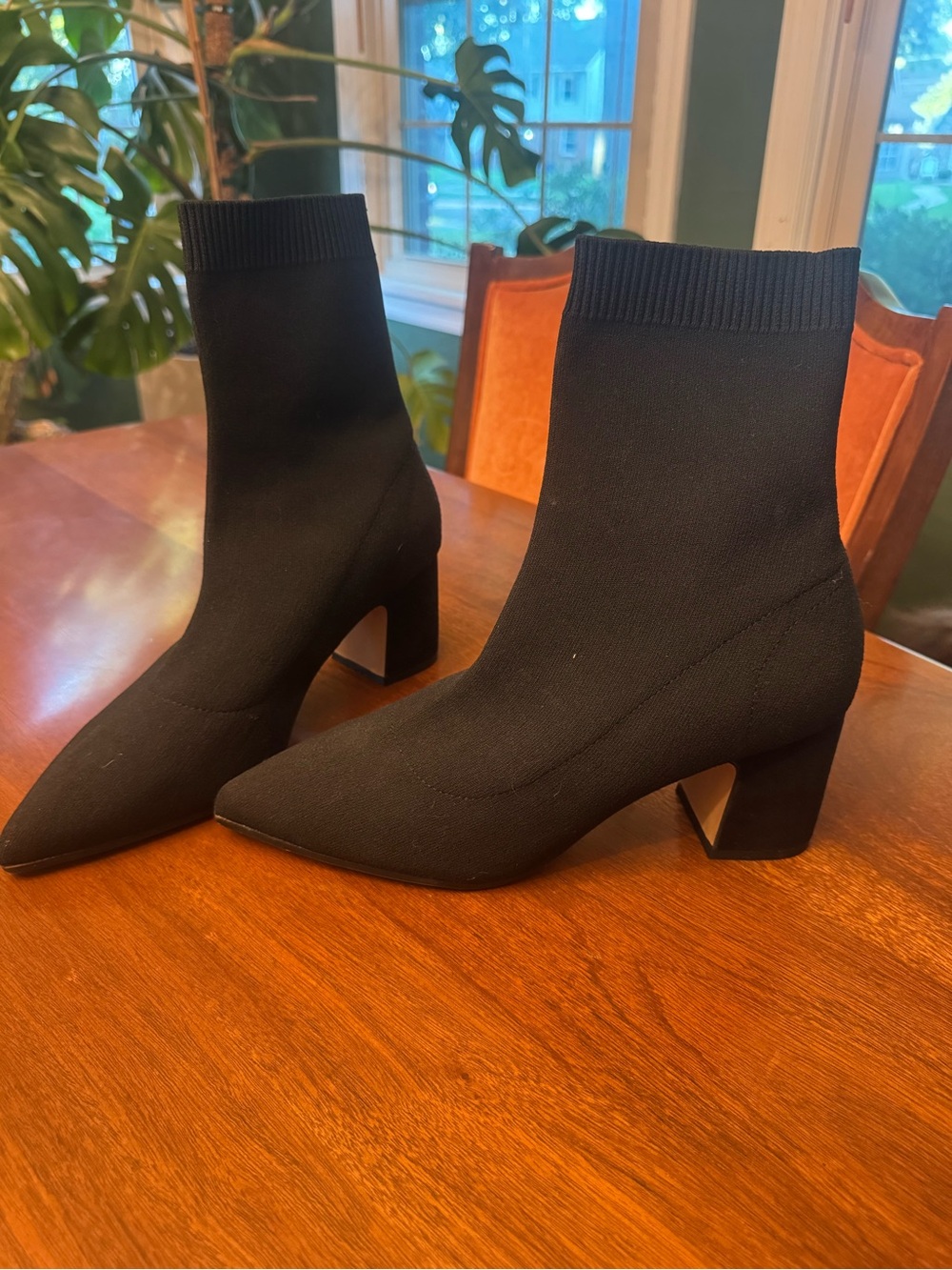 Women's Black Knit Sock Booties - Sleek Pointed Toe Block Heel